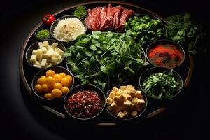 Flavorful Meal Ensemble Beef Chicken Onion Tomato Oil Green Leaf on Table Generative AI photo