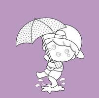 Cute Kids Happy Playing at Rainy Day Cartoon Digital Stamp Outline vector