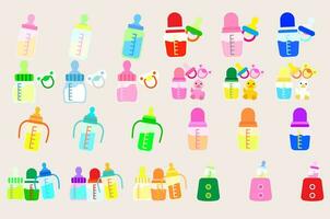 Collection illustration Baby feeding bottle. Nutrition in plastic container for newborn baby .Set of Baby bottle. vector