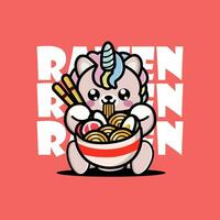 linda bebé unicornio comiendo ramen tallarines vector