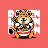 linda bebé Tigre comiendo ramen tallarines vector