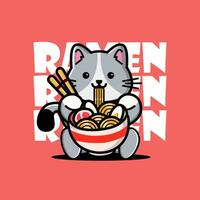 linda bebé gato comiendo ramen tallarines vector