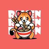 linda bebé gato comiendo ramen tallarines vector