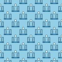 Laptop Computer with Man vector blue seamless pattern