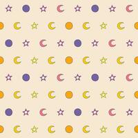 Seamless pattern of a star, moon, and crescent in pink, orange, yellow, and purple color on cream background, Vector for fabric, wrapping, wallpaper, textile