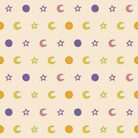 Seamless pattern of a star, moon, and crescent in pink, orange, yellow, and purple color on cream background, Vector for fabric, wrapping, wallpaper, textile