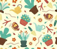 Seamless Pattern with Cactuses, Fowers and Gardening Tools for Gardening Background Concept Illustration vector