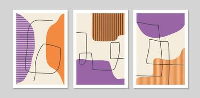 Set of abstract contemporary mid century posters with Wave shapes and texture. Design for wallpaper, background, wall decor, cover, print, card. Modern boho minimalist art. Vector illustration.