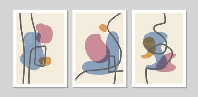 Set of abstract contemporary mid century posters with Abstract shapes and texture. Design for wallpaper, background, wall decor, cover, print, card. Modern boho minimalist art. Vector illustration.