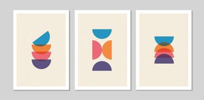 Set of abstract contemporary mid century posters with Wave shapes and texture. Design for wallpaper, background, wall decor, cover, print, card. Modern boho minimalist art. Vector illustration.