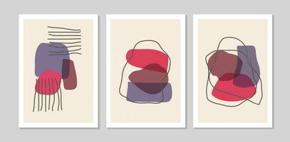Set of abstract contemporary mid century posters with Wave shapes and texture. Design for wallpaper, background, wall decor, cover, print, card. Modern boho minimalist art. Vector illustration.