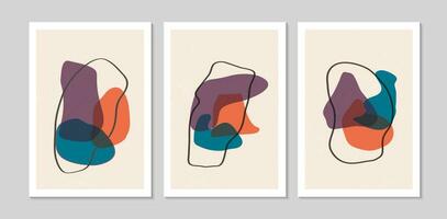 Set of abstract contemporary mid century posters with Wave shapes and texture. Design for wallpaper, background, wall decor, cover, print, card. Modern boho minimalist art. Vector illustration.