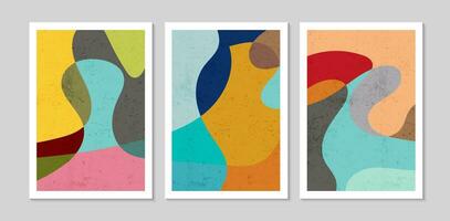 Set of abstract contemporary mid century posters with abstract shapes and texture. Design for wallpaper, background, wall decor, cover, print, card. Modern boho minimalist art. Vector illustration.