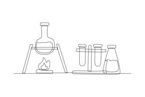 One continuous line drawing of Chemistry and physics laboratory equipment concept. Doodle vector illustration in simple linear style.