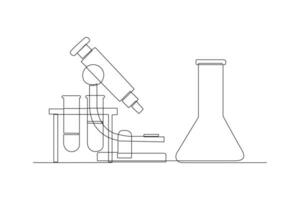 One continuous line drawing of Chemistry and physics laboratory equipment concept. Doodle vector illustration in simple linear style.