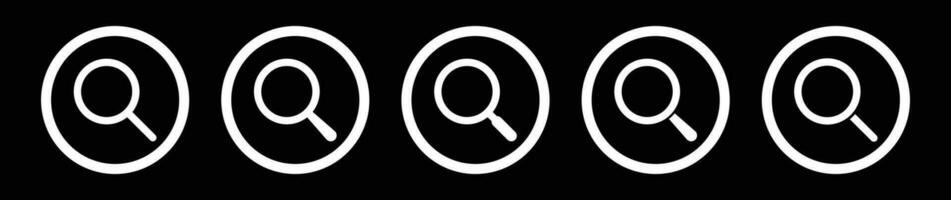 Circle white frame search icon set with dark bg. vector