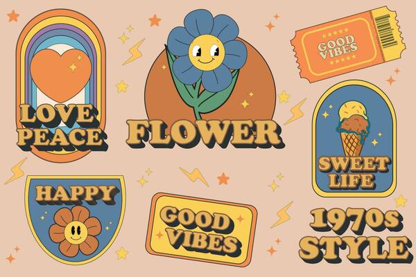 Groovy hippie 70s world, flowers, rainbow, ice cream, shoes, move, and growth sticker pack in vintage retro psychedelic cartoon illustration style