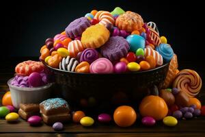 Ai Generated. Halloween candies and sweets on dark background photo