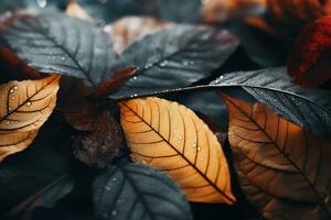 Close up of beautiful autumn leaves with water drops. Natural background AI Generated photo