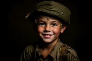 retrato de un linda pequeño chico en militar uniforme en oscuro antecedentes ai generado foto