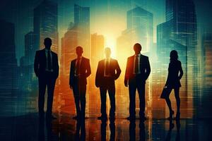 Silhouettes of business people standing in front of the city background AI Generated photo