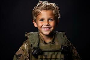 retrato de un linda pequeño chico en militar uniforme en oscuro antecedentes ai generado foto