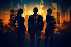 Silhouettes of business people standing in front of the city background AI Generated photo