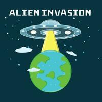 extraterrestre invasión, ilustración de ovnis y planeta tierra vector