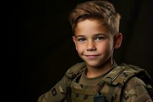 retrato de un linda pequeño chico en militar uniforme en oscuro antecedentes ai generado foto