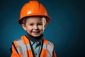 retrato de un linda pequeño chico en un construcción casco ai generado foto