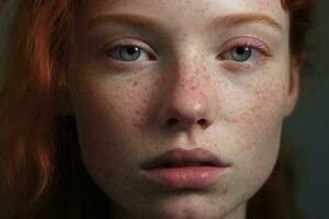 a close up of a woman with freckles AI generated photo