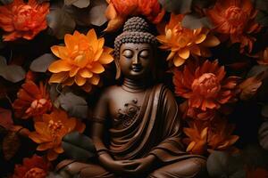 Buddha statue surrounded by orange flowers on a black background AI Generated photo