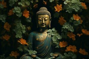 Buddha statue with lotus flower and green leaves background AI Generated photo