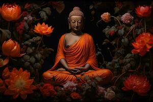 Buddha statue surrounded by orange flowers on a black background AI Generated photo