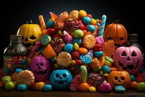 Ai Generated. Halloween candies and sweets on dark background photo