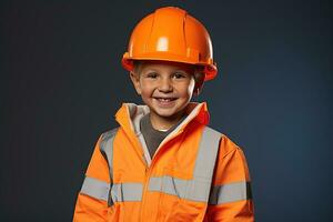 retrato de un linda pequeño chico en un construcción casco ai generado foto