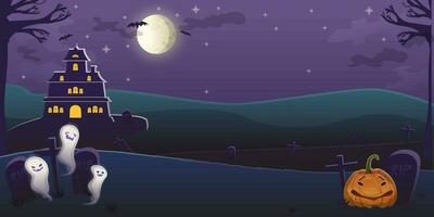 Halloween purple background with night moon, with castle, ghosts and pumpkin, graves. vector