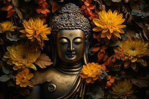 buddha statue surrounded by yellow flowers AI Generated photo