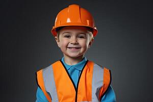 retrato de un linda pequeño chico en un construcción casco ai generado foto