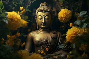 un dorado Buda estatua rodeado por flores ai generado foto