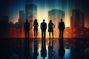 Silhouettes of business people standing in front of the city background AI Generated photo