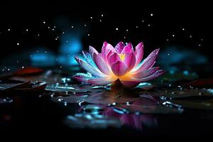 Beautiful pink water lily or lotus flower on dark background AI Generated photo