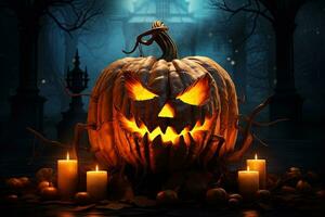 Halloween pumpkin head jack lantern with candles on dark background. Halloween concept AI Generated photo