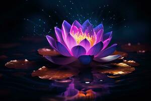 Beautiful pink water lily or lotus flower on dark background AI Generated photo