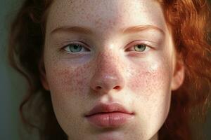 a close up of a woman with freckles AI generated photo