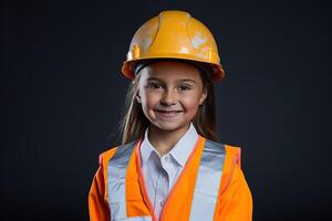 retrato de un sonriente pequeño niña en un construcción casco ai generado foto