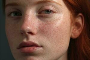 a close up of a woman with freckles,rosacea couperose redness skin AI generated photo