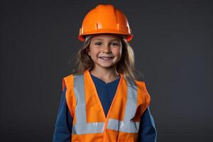 retrato de un sonriente pequeño niña en un construcción casco ai generado foto