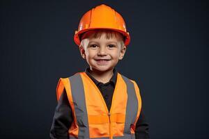 retrato de un linda pequeño chico en un construcción casco ai generado foto