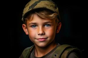 retrato de un linda pequeño chico en militar uniforme en oscuro antecedentes ai generado foto